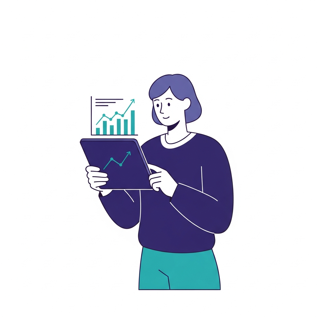 先生が成績分析ダッシュボードを確認しているイラスト